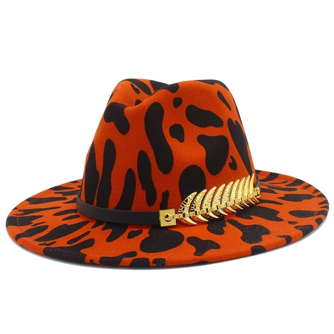 Vintage Kuhmuster Fedora Hut Für Herren Damen Breite Krempe Wollen Jazz Hut Mit Metallblatt Dekoration Winterhut