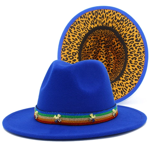 Chapeau Fedora Femme Imprimé Léopard Ruban Arc-en-ciel Décoration en Métal Style Ethnique Chapeau de Jazz pour Fête Voyage Décoratif