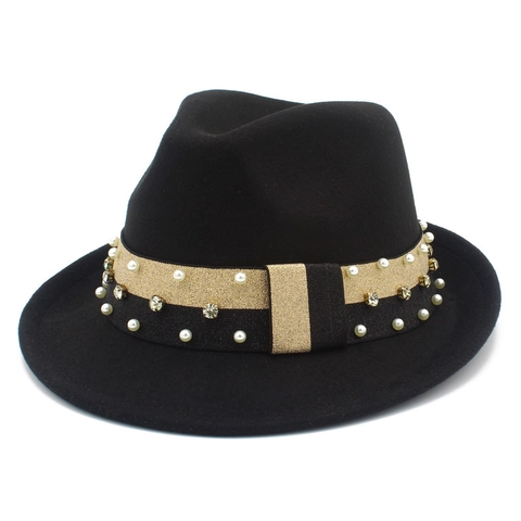 Chapeau Fedora Vintage pour Femmes Décor de Ruban en Künstliche Perles et Strass Style Britannique Chapeau de Jazz Élégant pour Fête Mariage