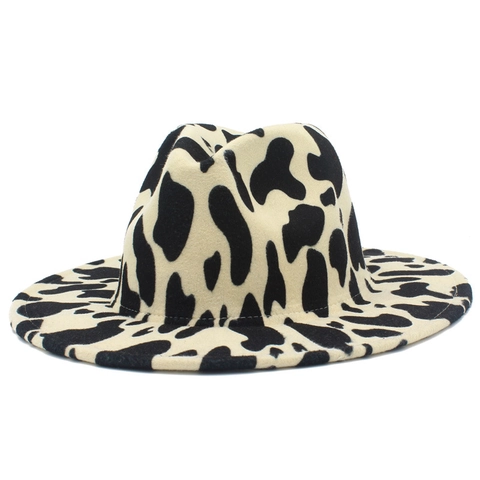 Cappello Fedora Vintage a Tesa Larga Con Stampa Mucca per Uomo Donna Cappello Jazz Casual in Feltro di Lana Berretto da Festa in Stile Britannico
