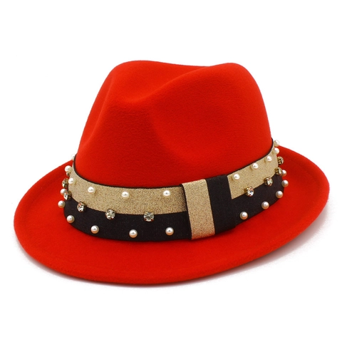 Chapeau Fedora Vintage pour Femmes Décor de Ruban en Künstliche Perles et Strass Style Britannique Chapeau de Jazz Élégant pour Fête Mariage