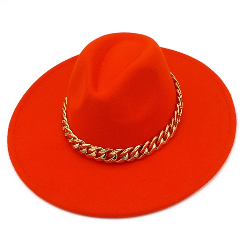Fashion Wide Brim Fedora Hat With Gold Metal Chain Wool Blend Jazz Cap For Women Men Streetwear Party Accessory