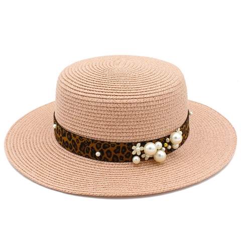 Cappello di Paglia da Donna Boater Flat Top Tesa Larga Protezione Solare Nastro Leopardato Con Künstliche Perle e Fiori Cappello da Spiaggia