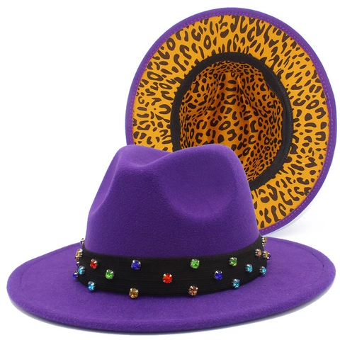 Leopard Print Lined Fedora Hat With Rhinestone Band Ethnic Style Wide Brim Wool Felt Jazz Hat For Women Men Party Church