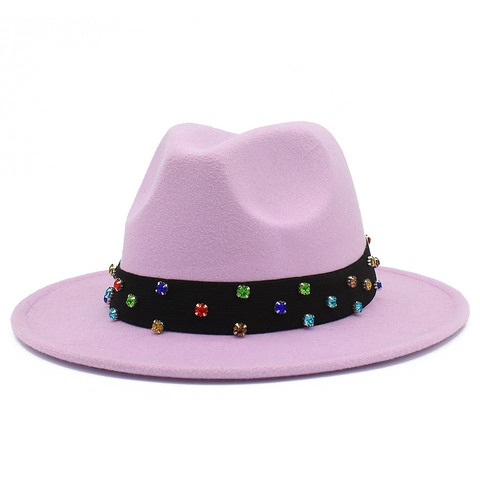 Vintage Women Fedora Hat Colorful Rhinestone Black Ribbon Band Wide Brim Cotton Blend Felt Jazz Hat For Party Ceremony