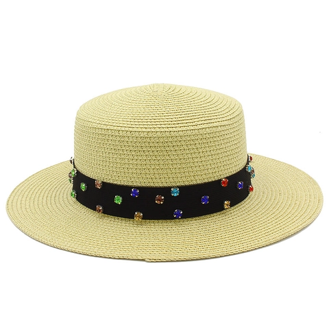Flat Top Straw Boater Hat For Women With Multicolored Rhinestone Ribbon Wide Brim Beach Sun Protection Summer Holiday Fashion Hat