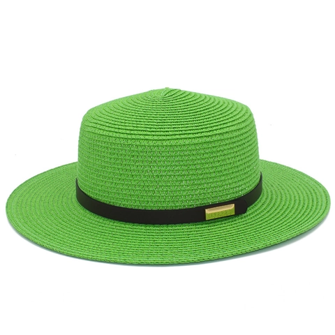 Chapeau Boater en Paille pour Femme Mode Bord Large Toit Plat Chapeau de Soleil Avec Bande en Similicuir Boucle en Alliage Chapeau de Paille