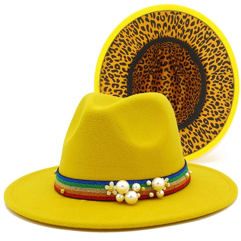 Women Vintage Fedora Hat Leopard Print Lining Rainbow Band Artificial Pearl Decoration Wide Brim Woolen Jazz Hat British Style Cap