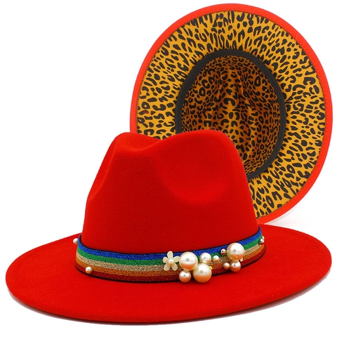 Women Vintage Fedora Hat Leopard Print Lining Rainbow Band Artificial Pearl Decoration Wide Brim Woolen Jazz Hat British Style Cap
