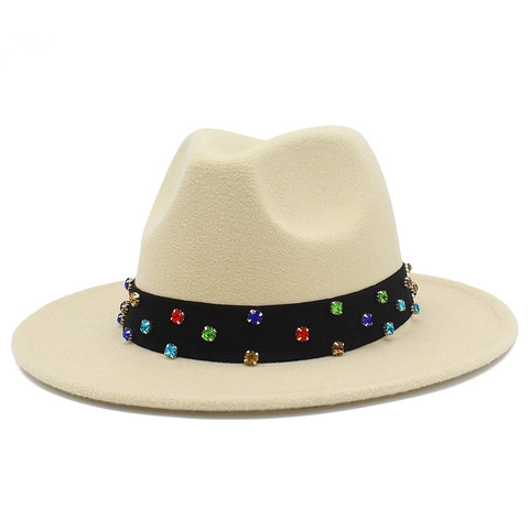 Vintage Women Fedora Hat Colorful Rhinestone Black Ribbon Band Wide Brim Cotton Blend Felt Jazz Hat For Party Ceremony