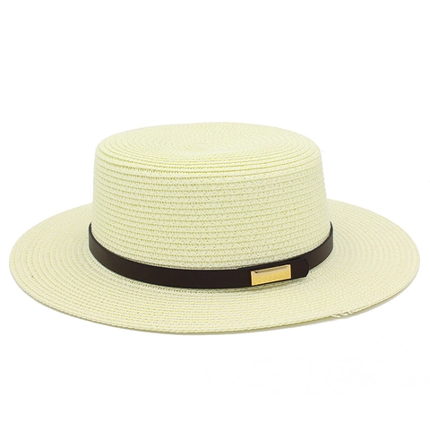 Chapeau Boater en Paille pour Femme Mode Bord Large Toit Plat Chapeau de Soleil Avec Bande en Similicuir Boucle en Alliage Chapeau de Paille