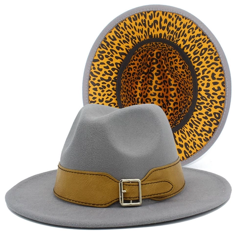 Vintage Fedora Hut Mit Leopardenmuster-Futter Für Damen Herren Breite Krempe Wollener Jazz-Hut Mit Gürtelschnalle Outdoor Filzhut