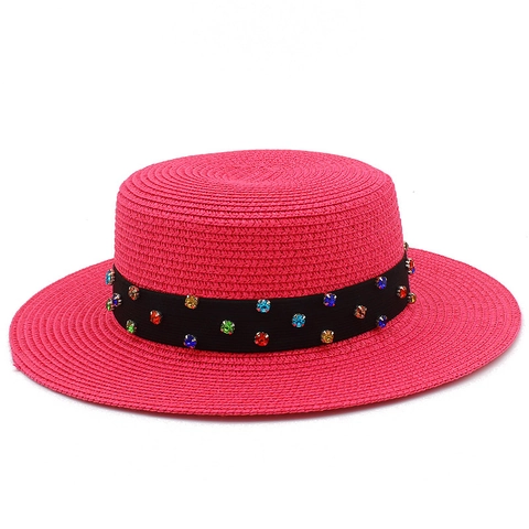 Flat Top Straw Boater Hat For Women With Multicolored Rhinestone Ribbon Wide Brim Beach Sun Protection Summer Holiday Fashion Hat