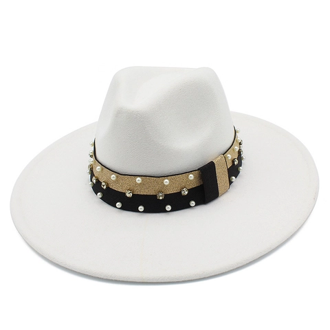Elegante Cappello Fedora a Tesa Larga in Feltro di Cotone e Poliestere Cappello Jazz Con Fascia di Künstliche Perle e Strass Donna Uomo