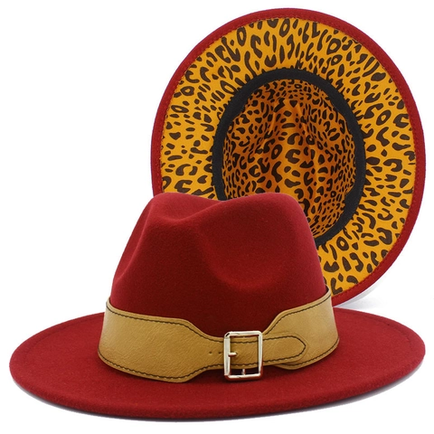 Vintage Fedora Hut Mit Leopardenmuster-Futter Für Damen Herren Breite Krempe Wollener Jazz-Hut Mit Gürtelschnalle Outdoor Filzhut