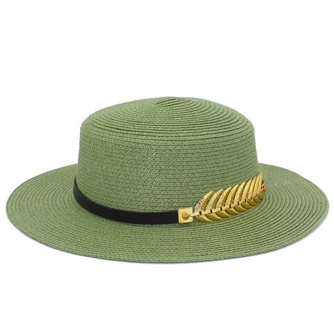 Women Flat Top Straw Boater Hat Wide Brim Sun Hat With Black Band Gold Leaf Decor Summer Beach Vacation Panama Jazz Hat