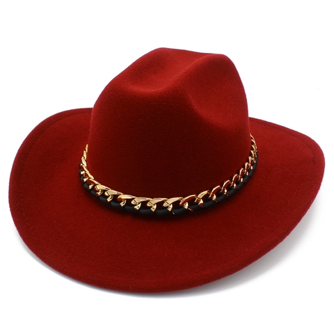 Western Fedora Cowboy Hat For Women Men Wide Brim Gold Chain Decor Cotton Polyester Blend Jazz Sun Hat Solid Color Gentleman Hat