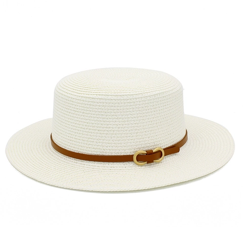 Élégant Chapeau De Paille D'Été Style Français Pour Femmes Bord Large Protection Solaire Chapeau De Plage Avec Bande En Similicuir Boucle En Métal