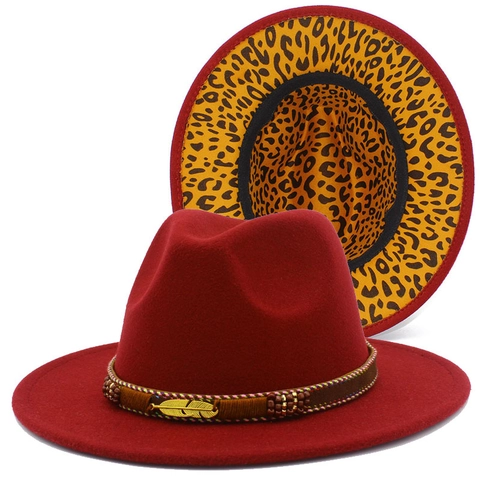Fashion Wide Brim Wool Felt Fedora Hat With Leopard Print Lining Metal Feather Braided Band Vintage Jazz Hat For Men Women