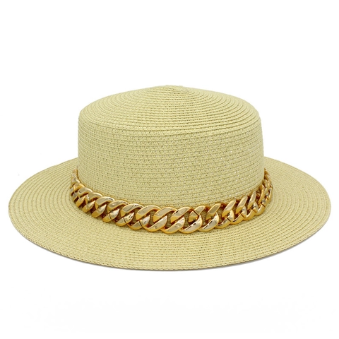 Dames Platte Strohoed Met Gedurfde Gouden Metalen Ketting Mode Zonbescherming Strand Zomer Buiten Reizen Zonnehoed