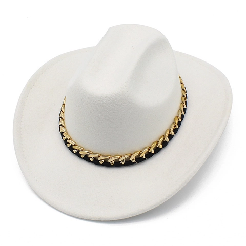 Western Fedora Cowboy Hat For Women Men Wide Brim Gold Chain Decor Cotton Polyester Blend Jazz Sun Hat Solid Color Gentleman Hat