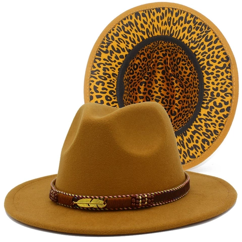 Fashion Wide Brim Wool Felt Fedora Hat With Leopard Print Lining Metal Feather Braided Band Vintage Jazz Hat For Men Women