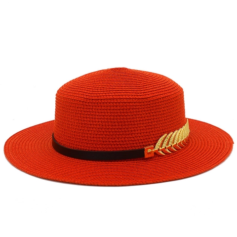 Women Flat Top Straw Boater Hat Wide Brim Sun Hat With Black Band Gold Leaf Decor Summer Beach Vacation Panama Jazz Hat