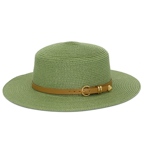 Women French Flat Top Boater Straw Hat Summer Sun Beach Hat With Leather Belt Heart Buckle Wide Brim Woven Breathable Hat
