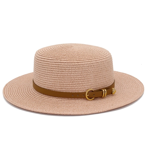 Women French Flat Top Boater Straw Hat Summer Sun Beach Hat With Leather Belt Heart Buckle Wide Brim Woven Breathable Hat