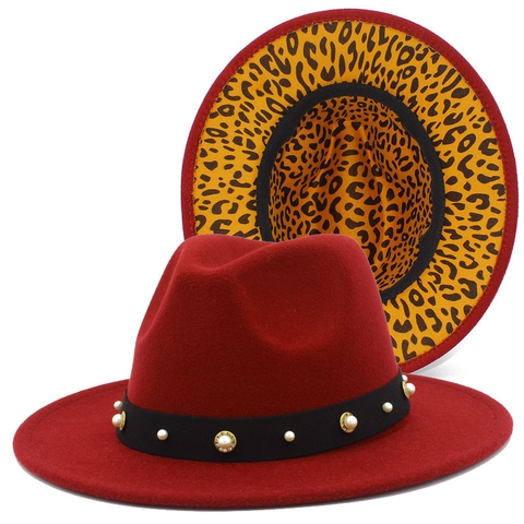 Damen Stilvoll Wollen Fedora Hut Leopardenmuster Futter Künstliche Perle Strass Gürtel Breite Krempe Jazz Hut Für Herbst Winter Mode