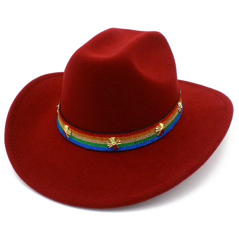 Women Western Cowboy Fedora Hat With Rainbow Band Gold Metal Cross Studs Woolen Style Jazz Hat For Outdoor Fashion