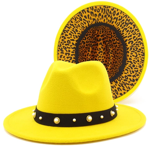 Damen Stilvoll Wollen Fedora Hut Leopardenmuster Futter Künstliche Perle Strass Gürtel Breite Krempe Jazz Hut Für Herbst Winter Mode