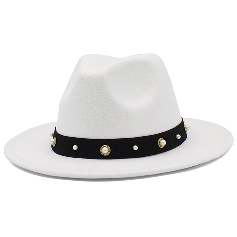 Vintage Polyester Wolloptik Fedora Hut Für Damen Eleganter Dekorband Kunstperlen Dekor Jazz Hut Breite Krempe Sonnenschutz Party Kopfbedeckung