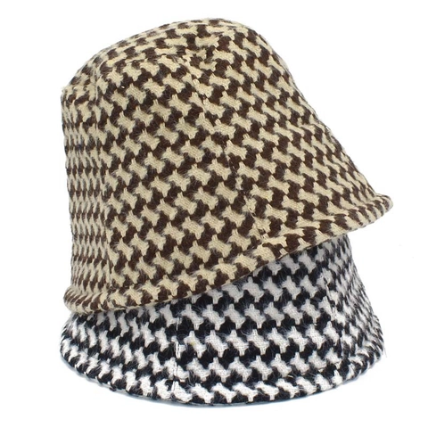 Cappello Bucket Vintage Pied De Poule Da Donna Caldo Misto Cotone Lana Retro Hat Autunno Inverno Flat Top Sun Hat