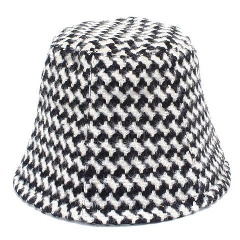 Cappello Bucket Vintage Pied De Poule Da Donna Caldo Misto Cotone Lana Retro Hat Autunno Inverno Flat Top Sun Hat