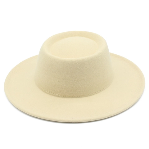 Französischer Retro Flachkopf Boater Hut Damen Breite Krempe Wollen Filz Britischer Stil Jazz Fedora Hut Frühling Herbst Einfarbig Sonnenschutz Hut