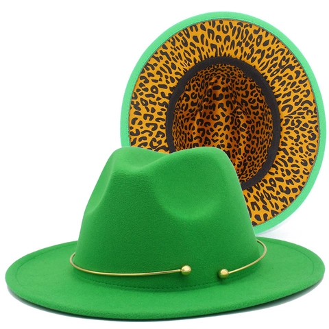 Vintage Woolen Fedora Hat For Women Wide Brim Panama Hat With Leopard Print Lining And Gold Metal Ring Decoration Fashion