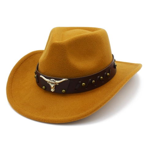 Vintage Western Cowboy Fedora Hat For Men Women Wide Brim Felt Jazz Hat With Bull Head Leather Band Metal Studs