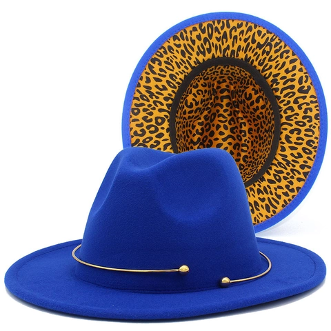 Vintage Woolen Fedora Hat For Women Wide Brim Panama Hat With Leopard Print Lining And Gold Metal Ring Decoration Fashion