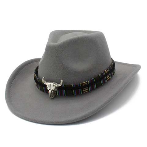 Western Cowboy Hat With Bull Skull Metal Decoration Ethnic Woven Band Cotton Polyester Blend Felt Fedora Jazz Hat For Men Women