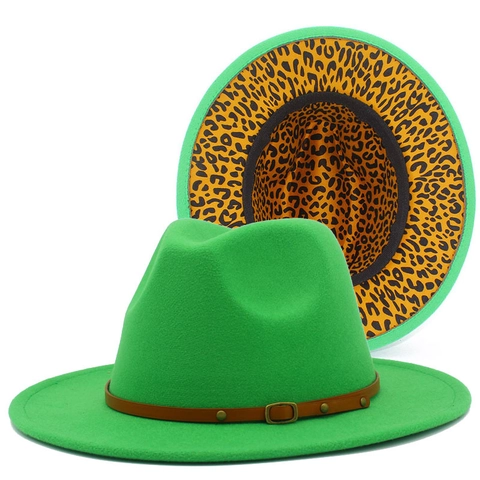 Vintage Wollfilz Fedora Hut Mit Leopardenmuster Futter Gürtelschnalle Band Klassischer Breiter Krempe Jazz Hut Für Damen Herren