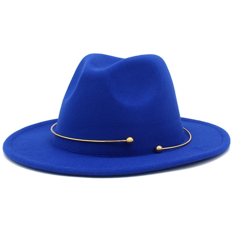 Vintage Woolen Fedora Hat For Women Men Wide Brim Jazz Hat With Golden Metal Ring Decoration Fall Winter Warm Elegant Hat