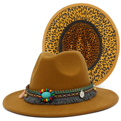 Vintage Böhmisch Wollstoff Fedora Hut Damen Herren Türkis Webband Leopardenmuster Futter Quasten Münze Jazz Hut Herbst Winter