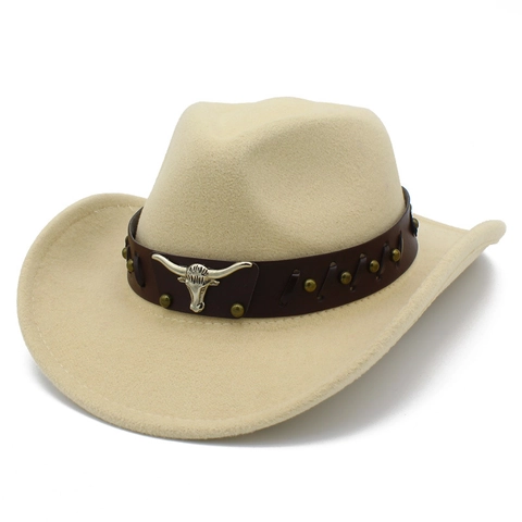 Vintage Western Cowboy Fedora Hat For Men Women Wide Brim Felt Jazz Hat With Bull Head Leather Band Metal Studs