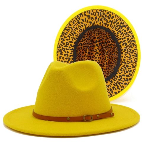 Vintage Wollfilz Fedora Hut Mit Leopardenmuster Futter Gürtelschnalle Band Klassischer Breiter Krempe Jazz Hut Für Damen Herren