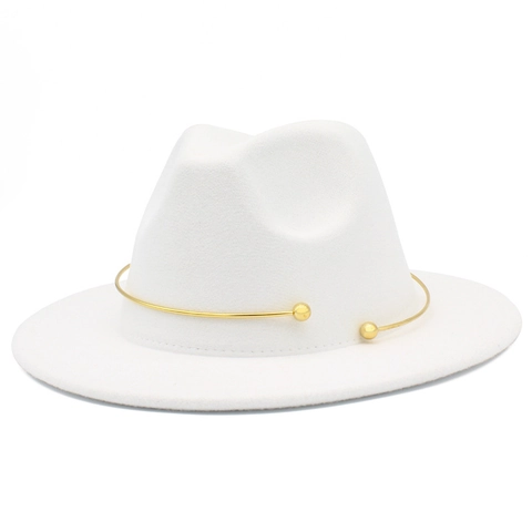 Vintage British Style Fedora Hat For Men Women Wide Brim Polyester Wool Felt Jazz Hat Gold Metal Ring Solid Color Sun Hat