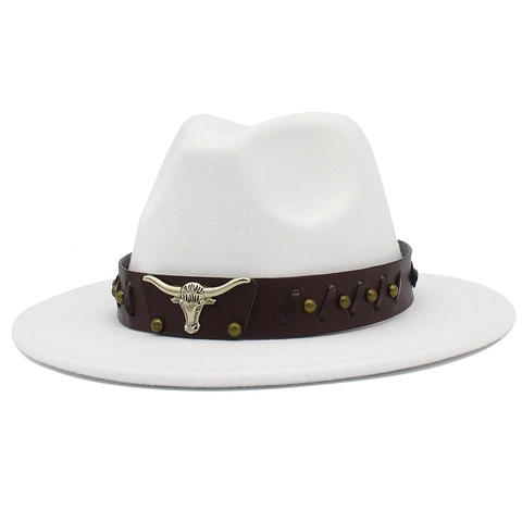 Western Cowboy Fedora Hat With Metal Bull Head Leather Band Wide Brim Vintage Ethnic Jazz Sun Hat For Men Women Outdoor Travel