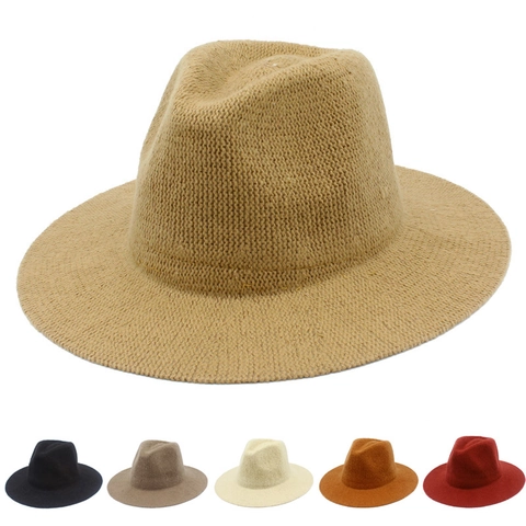 Women Knitted Foldable Fedora Hat Wide Brim Soft Chenille Warm Winter Jazz Hat Solid Color Retro Sun Hat For Travel