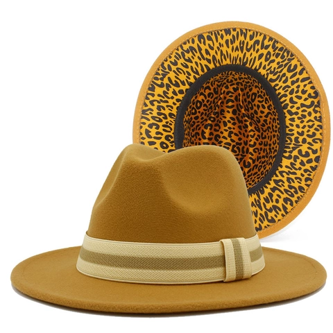Fashion Leopard Print Interior Fedora Hat For Women Men Woolen Felt Jazz Hat With Striped Ribbon Band British Style Wide Brim Dress Hat