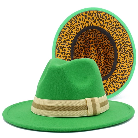 Fashion Leopard Print Interior Fedora Hat For Women Men Woolen Felt Jazz Hat With Striped Ribbon Band British Style Wide Brim Dress Hat